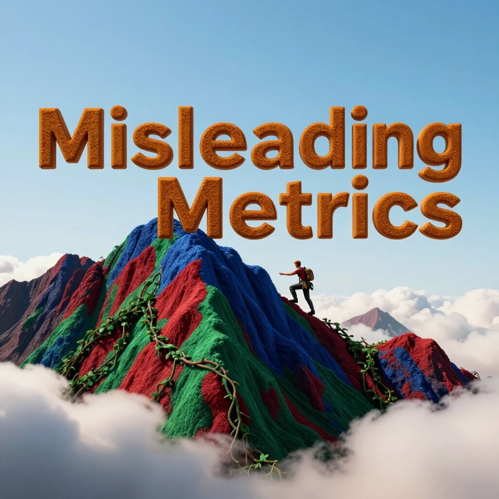A symbolic mountain labeled 'Misleading Metrics' with bright sky above and clouded confusion below.