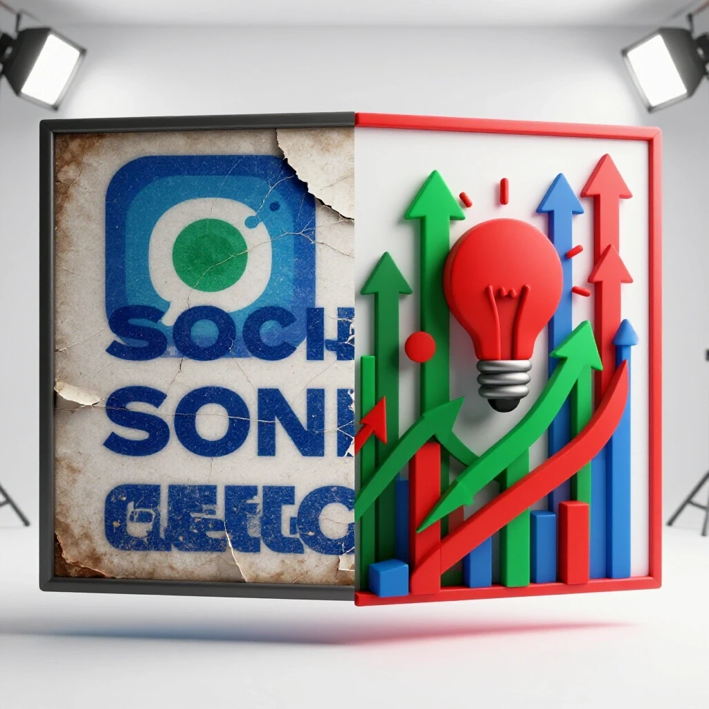 A dynamic illustration depicting the transformation of a crumbling social media ad into a flourishing ad, symbolizing recovery and growth.