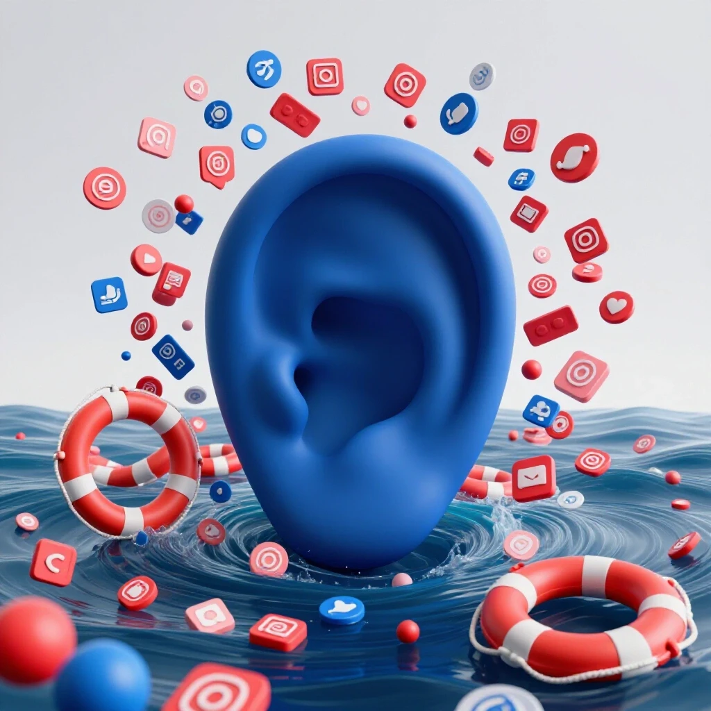 A large ear partly submerged in turbulent social media icons, with a red lifebuoy floating, symbolizing recovery.