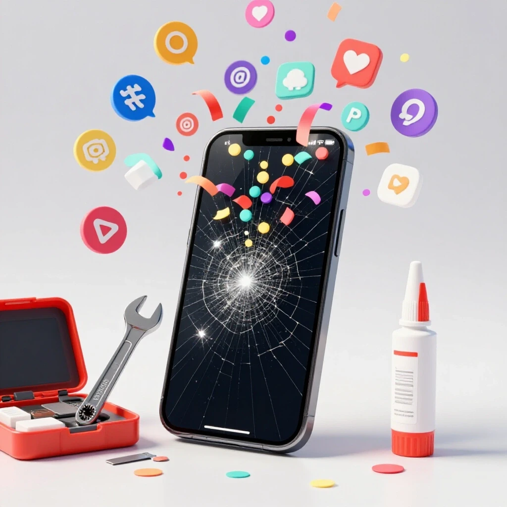 A broken smartphone screen with colorful social media icons overflowing and a repair toolkit nearby, symbolizing ad recovery.