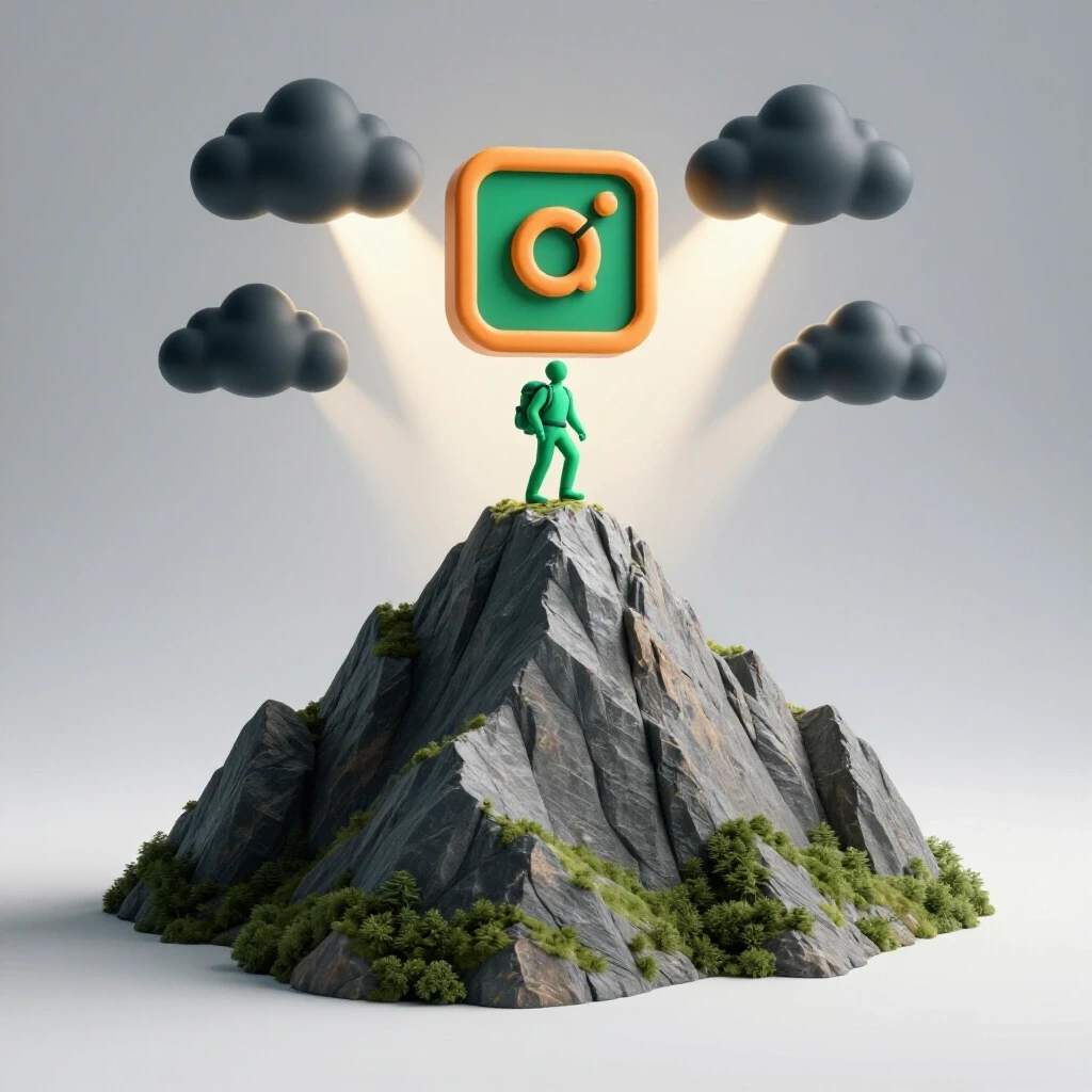 A vibrant 3D representation of a climber reaching a social media icon atop a dark cloud-covered mountain, symbolizing algorithm recovery.