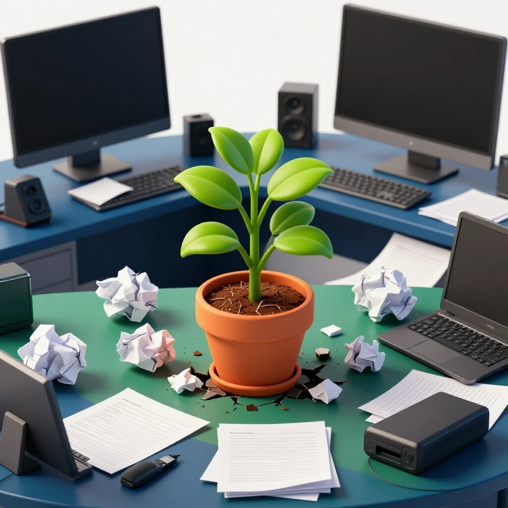 A cluttered desk with crumpled papers and digital devices, featuring a vibrant plant symbolizing growth amidst chaos.