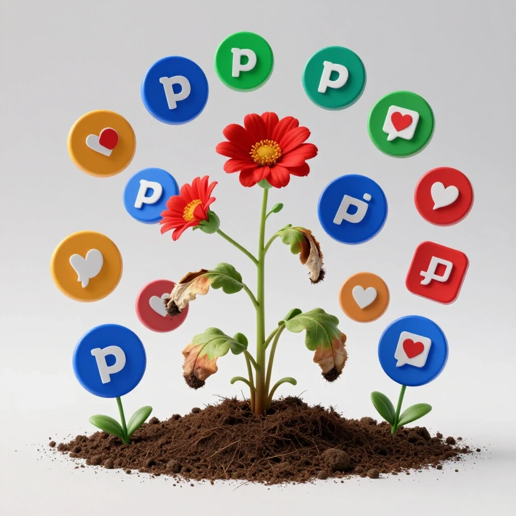 A wilting plant transforming into vibrant social media icons, symbolizing recovery from social media decline.
