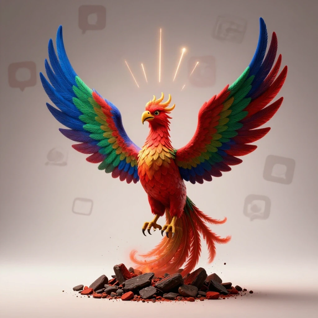 A vibrant phoenix rising from ashes against faded social media icons, symbolizing rebirth and growth.