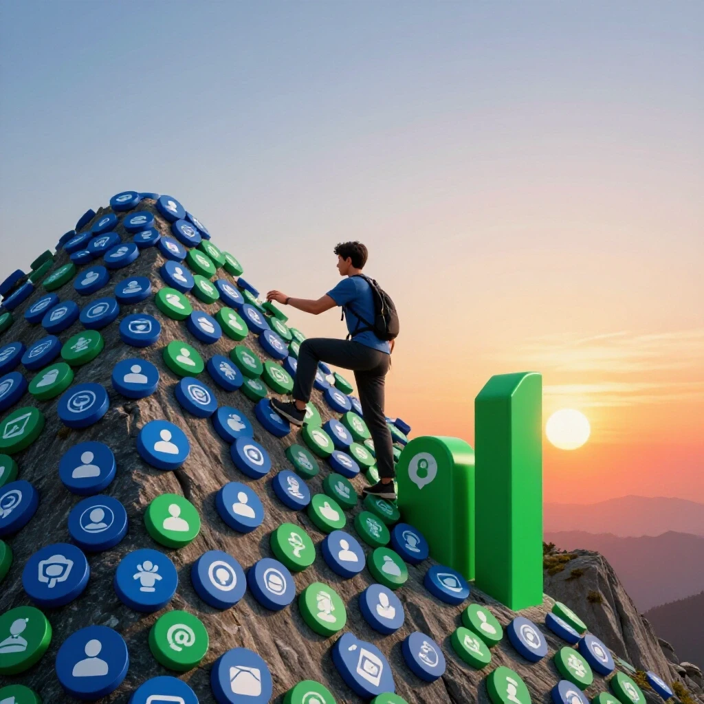 A person climbing a mountain of social media icons, symbolizing struggles and recovery in social media growth.