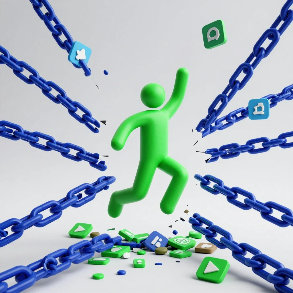 A vibrant illustration of a person breaking free from social media chains, symbolizing recovery and growth.