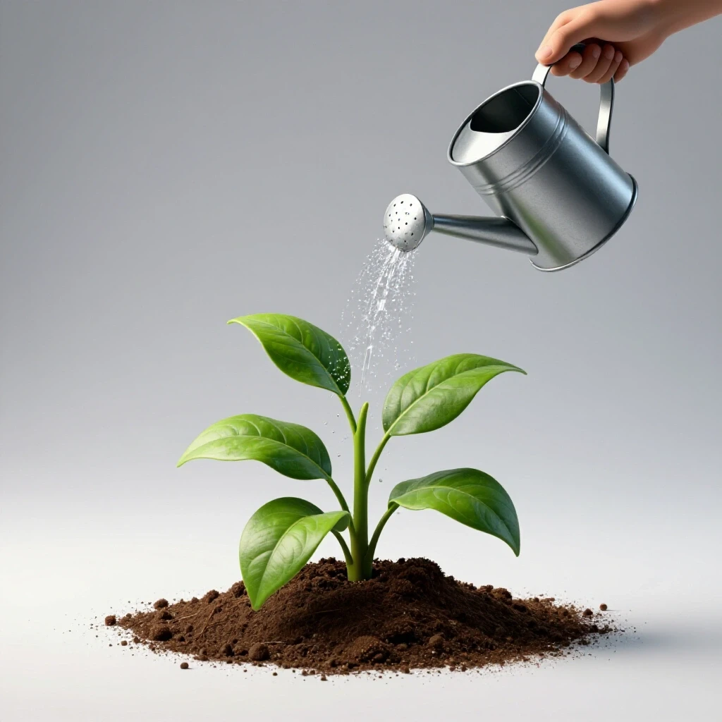 A wilted plant surrounded by vibrant green leaves with a tilted watering can, symbolizing recovery from stagnation.