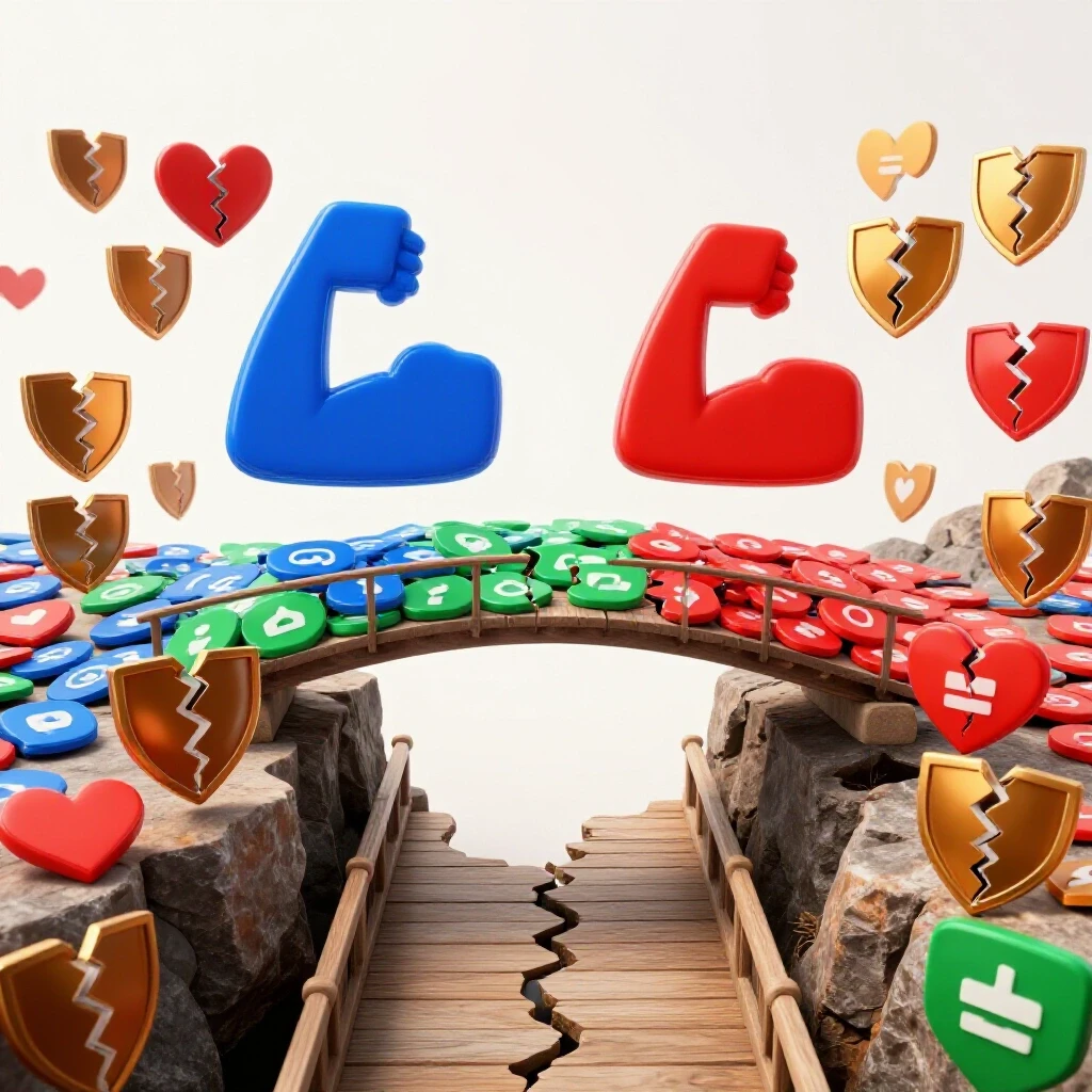 A bridge of social media icons over broken trust symbols, symbolizing recovery and connection.