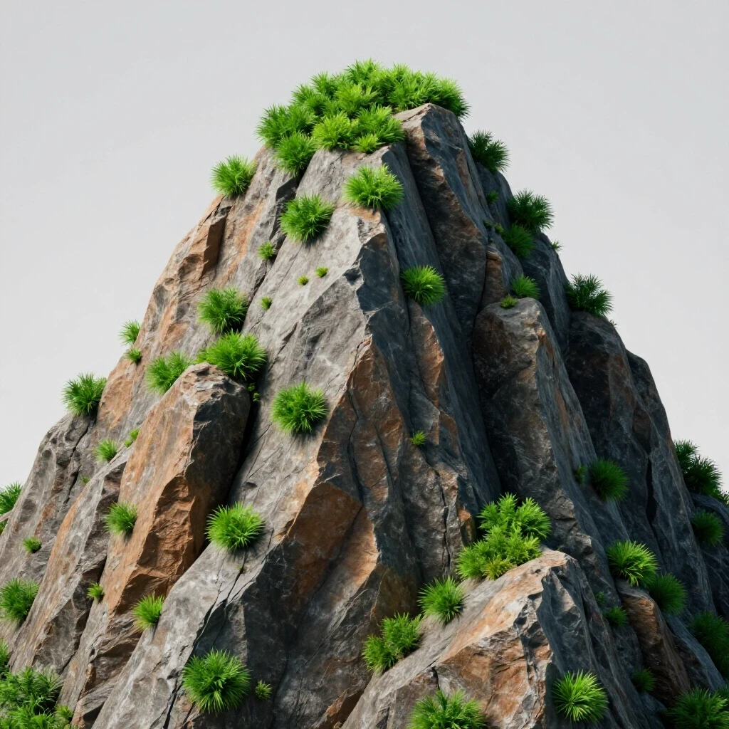 A steep mountain peak with brown and gray rocky surfaces and vibrant green growth at the summit, symbolizing overcoming challenges.