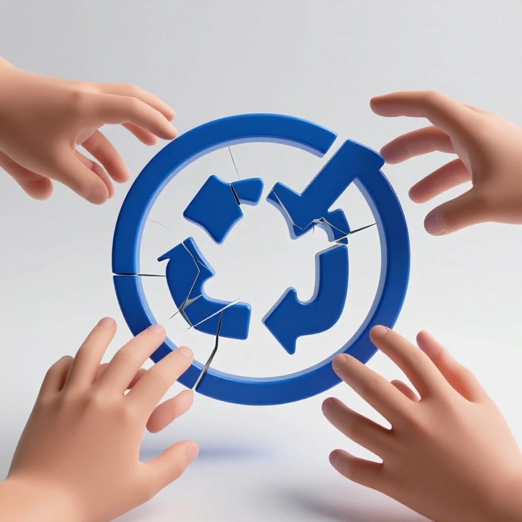 A shattered social media icon with hands reaching to reassemble it, symbolizing account recovery.