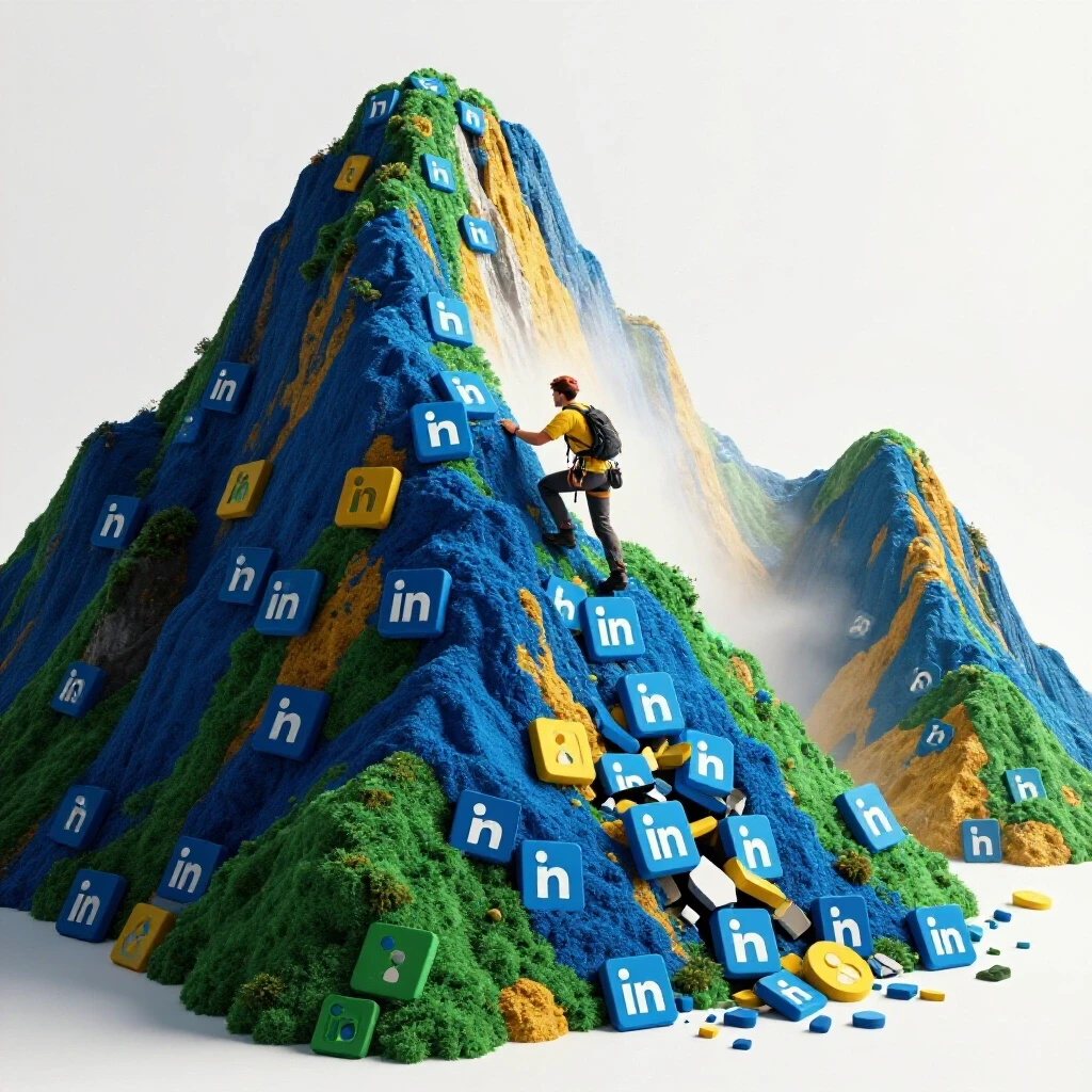 A metaphorical representation of climbing a steep mountain made of LinkedIn icons, symbolizing view drops.