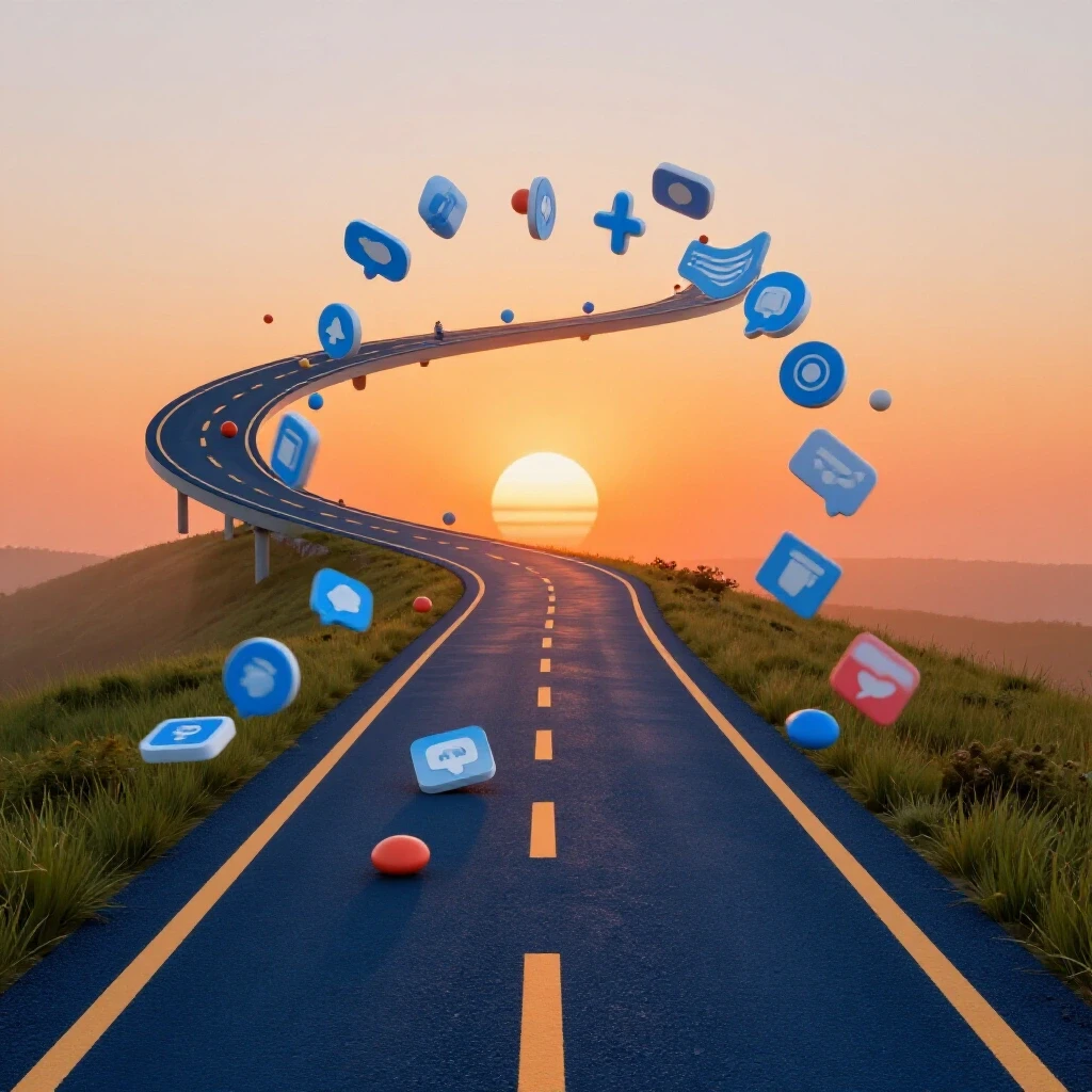 A winding road towards a vibrant sunrise with social media icons illustrating growth and recovery.