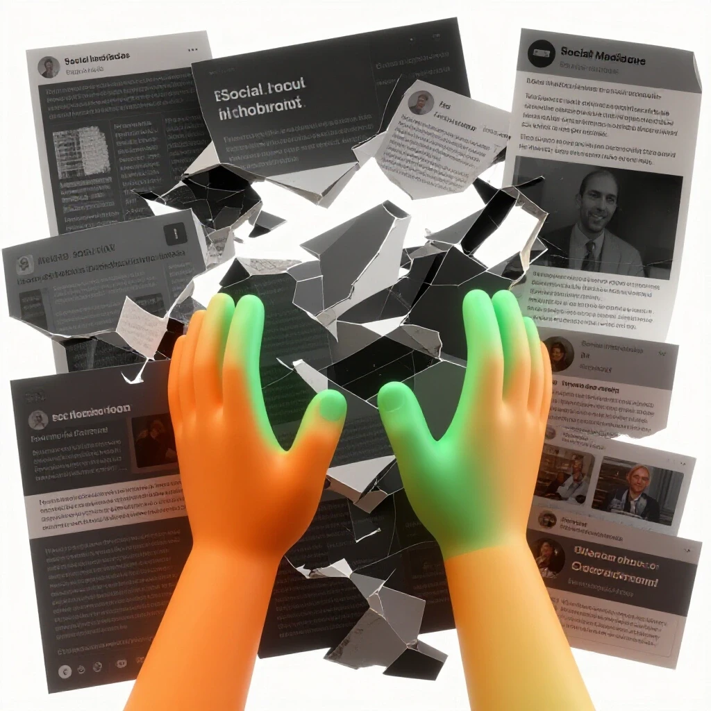 A dynamic image depicting a crumbling social media post being caught by vibrant hands, symbolizing recovery.