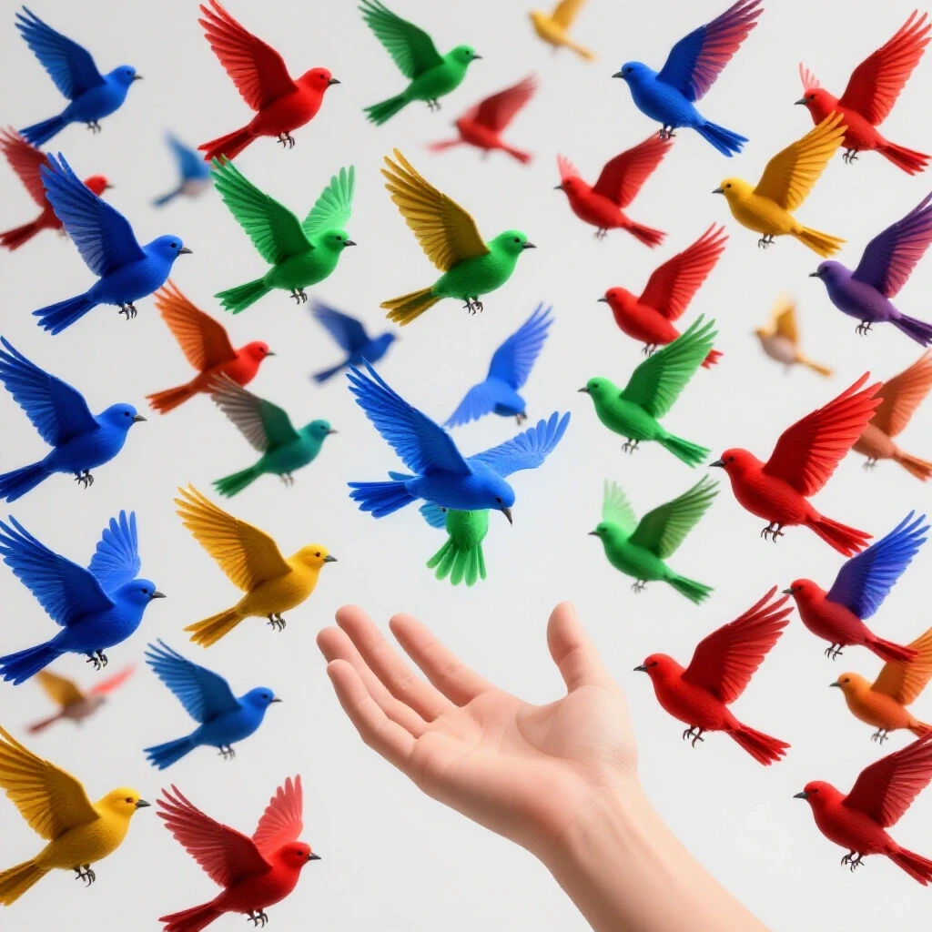 A vibrant visual of a hand reaching toward colorful birds symbolizing recovery and connection in social media.