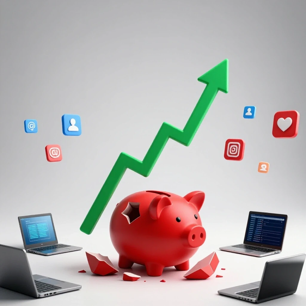 A vibrant upward-trending graph rises from a shattered piggy bank surrounded by digital devices and social media icons, symbolizing investment recovery.