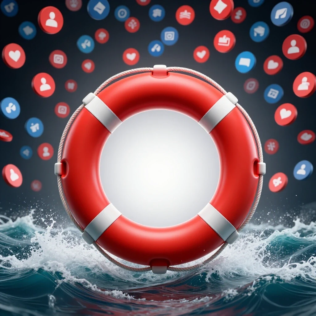 A vivid lifebuoy amid social media icons, symbolizing recovery and support in the digital landscape.
