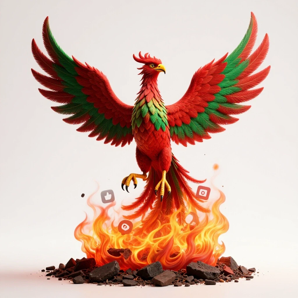 A vibrant phoenix rising from ashes, symbolizing recovery with integrated social media icons in flames.