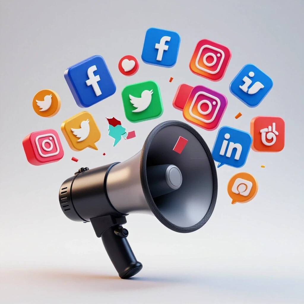 A broken megaphone with vibrant social media icons bursting out, symbolizing recovery and resilience.