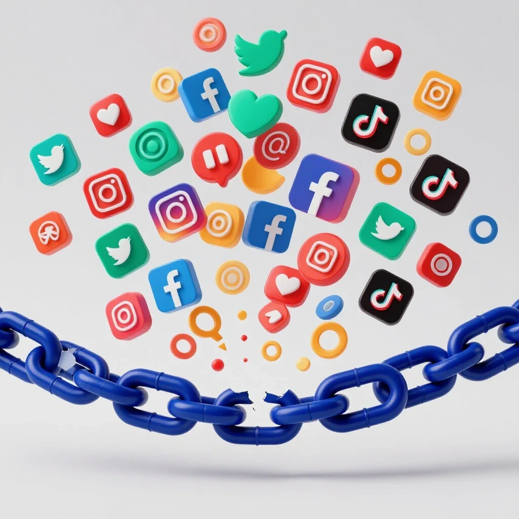 A broken chain link with vibrant social media icons emerging from it, symbolizing social media reach recovery.