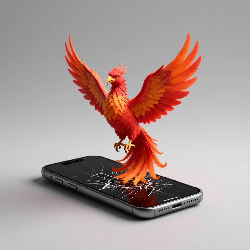 A vibrant phoenix emerging from a cracked smartphone screen symbolizing social media reach renewal.