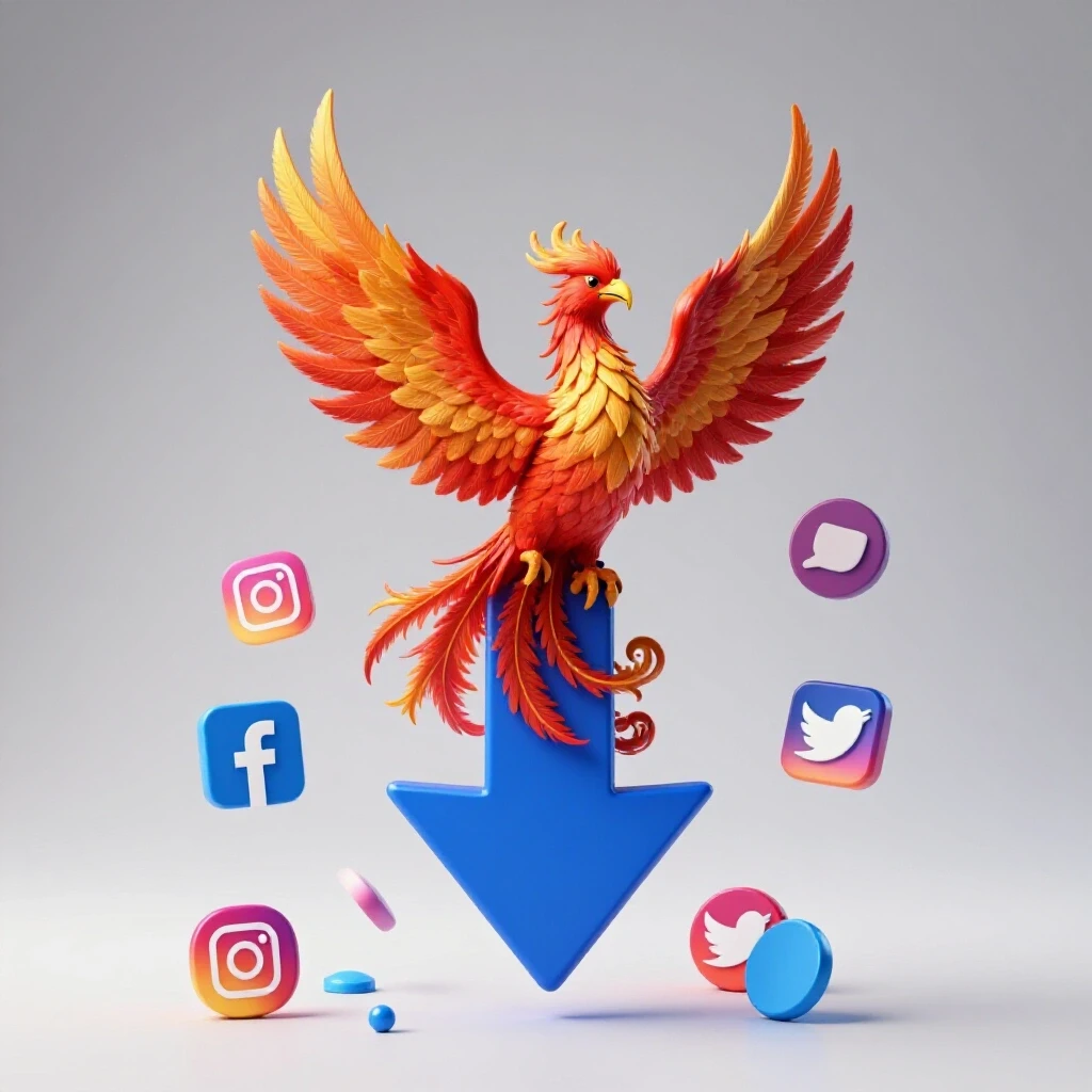 A vibrant phoenix rising from a downward arrow amidst social media icons, symbolizing recovery and engagement growth.