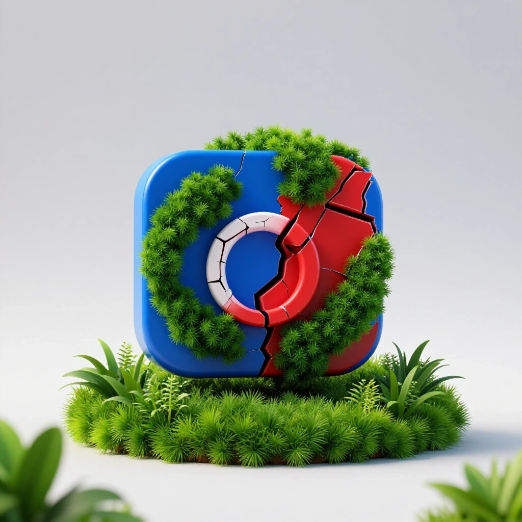 A cracked social media icon surrounded by vibrant greenery symbolizing recovery and trust restoration.