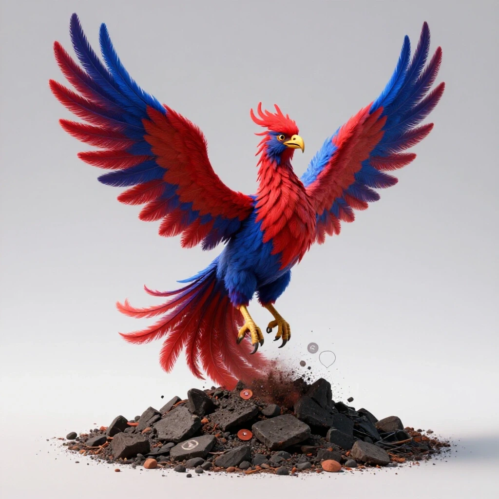 A vibrant phoenix rises from ashes, symbolizing rebirth, with social media icons subtly emerging.