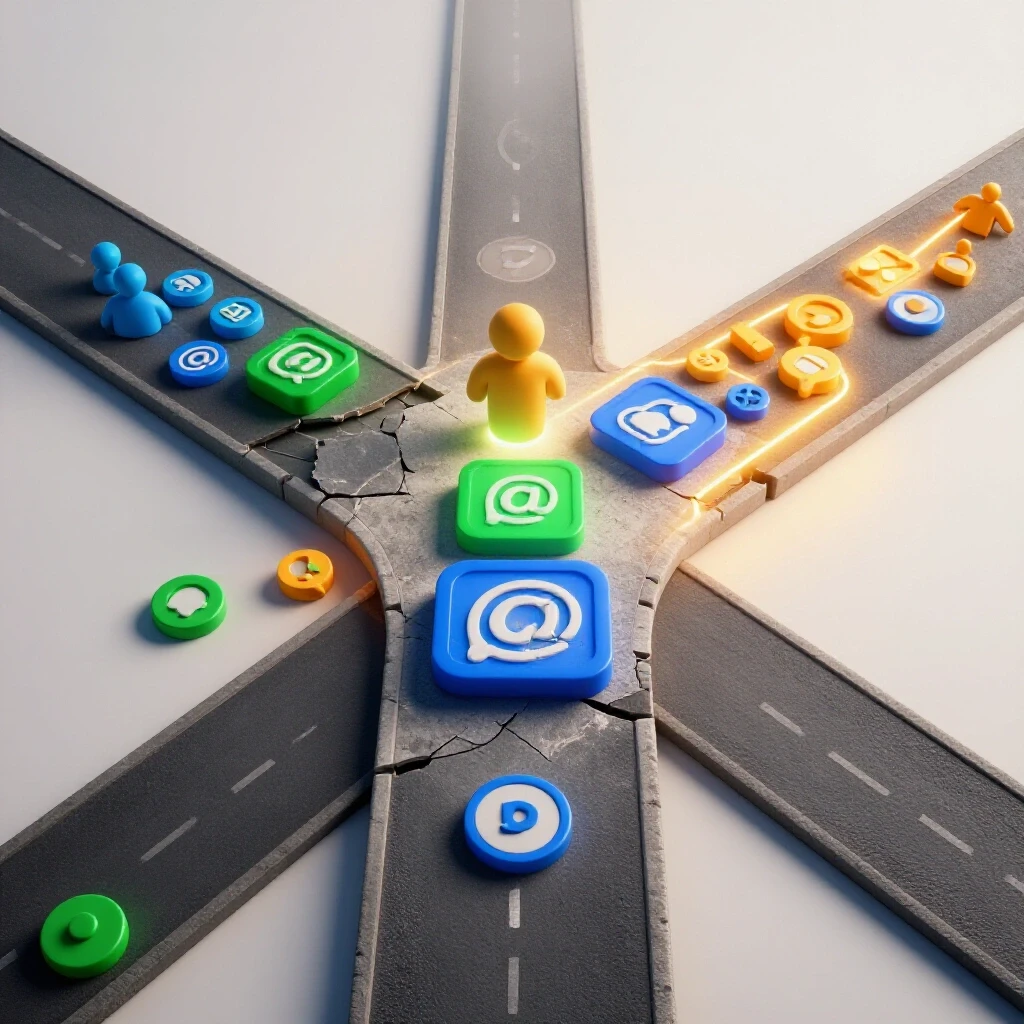 A crossroads scene depicting a faded social media platform icon versus vibrant icons symbolizing growth, set against a bright background.