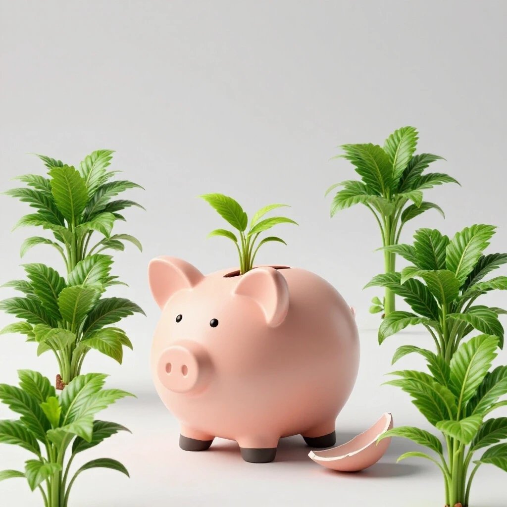 A broken piggy bank surrounded by vibrant green plants symbolizes recovery from financial setbacks.