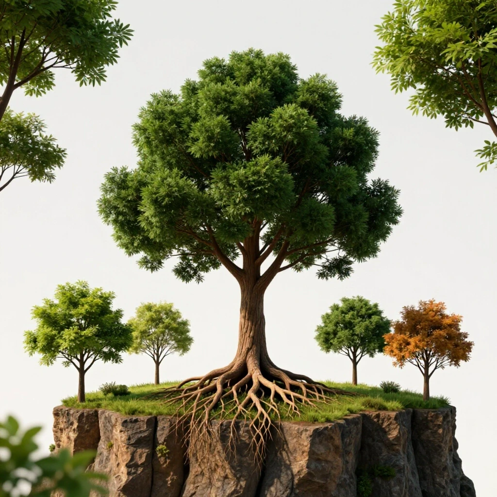 A symbolic representation of a solitary tree on a cliff with vibrant smaller trees around it, illustrating growth.