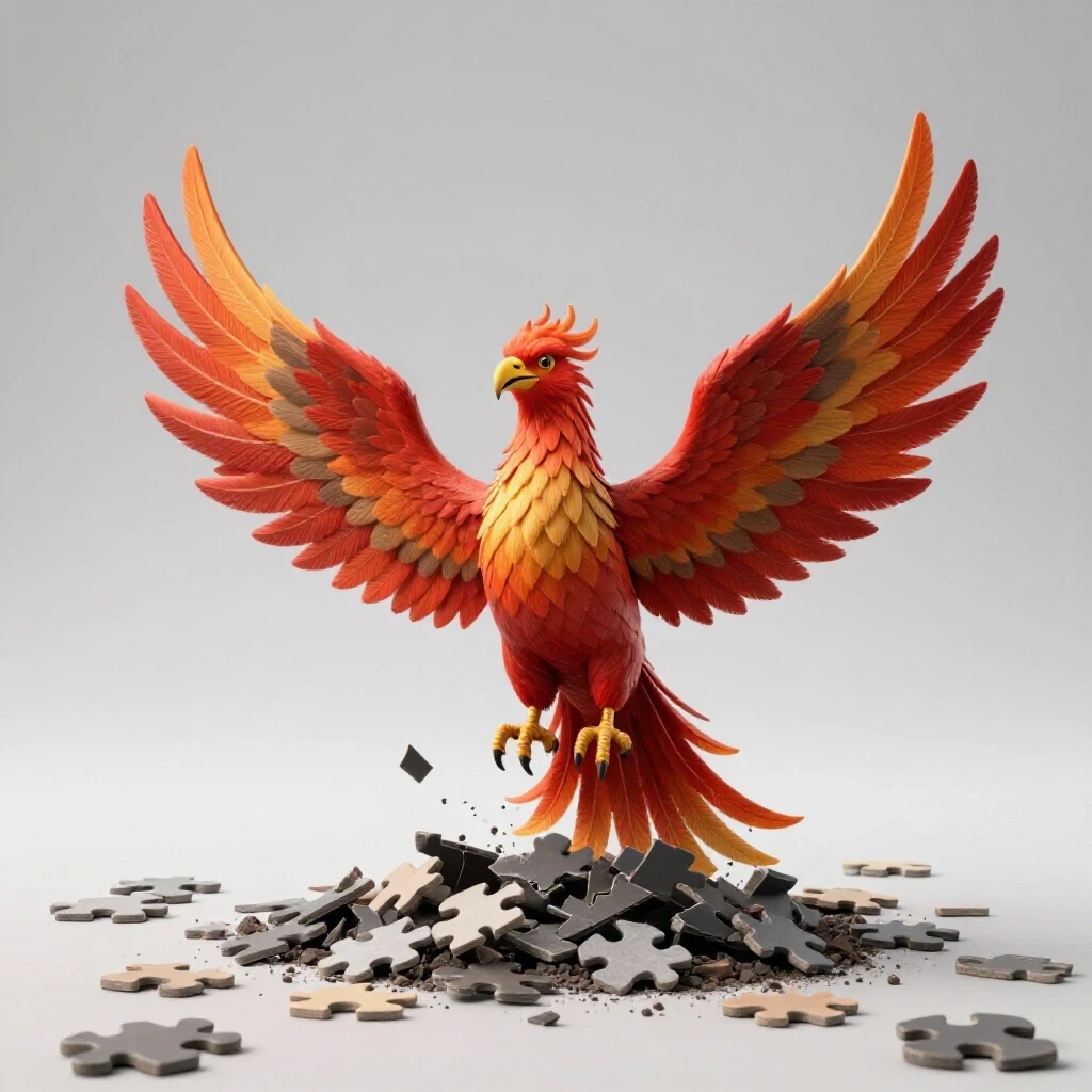 A vivid phoenix rising from ashes, surrounded by scattered puzzle pieces symbolizing community recovery and transformation.