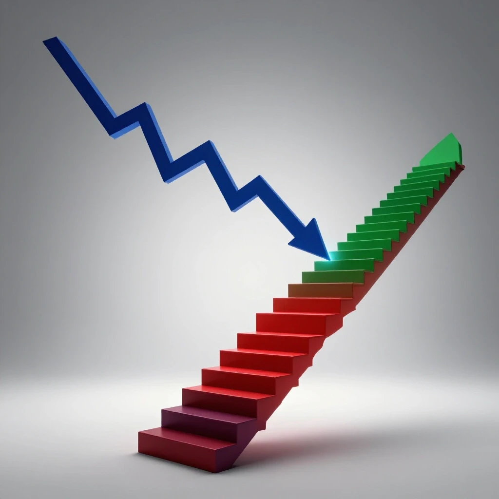 A visual representation of recovery showing a declining graph transforming into an ascending staircase towards a bright horizon.