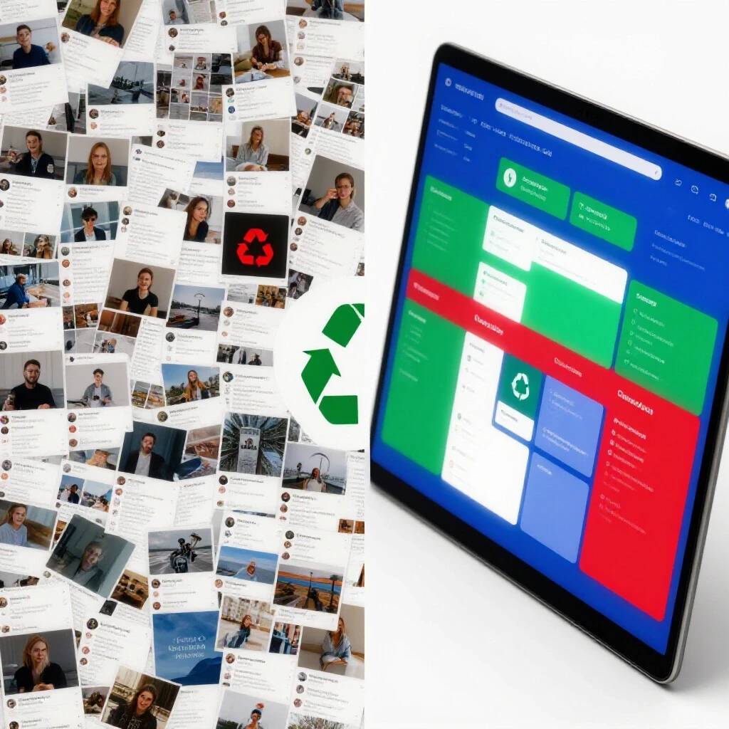 A visual comparison of a chaotic social media feed and a bright, organized content recycling tool dashboard, highlighting efficiency.