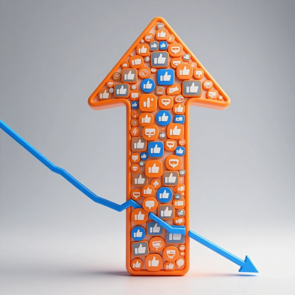 An upward-pointing arrow made of social media icons rises from a declining graph, symbolizing CAC reduction.