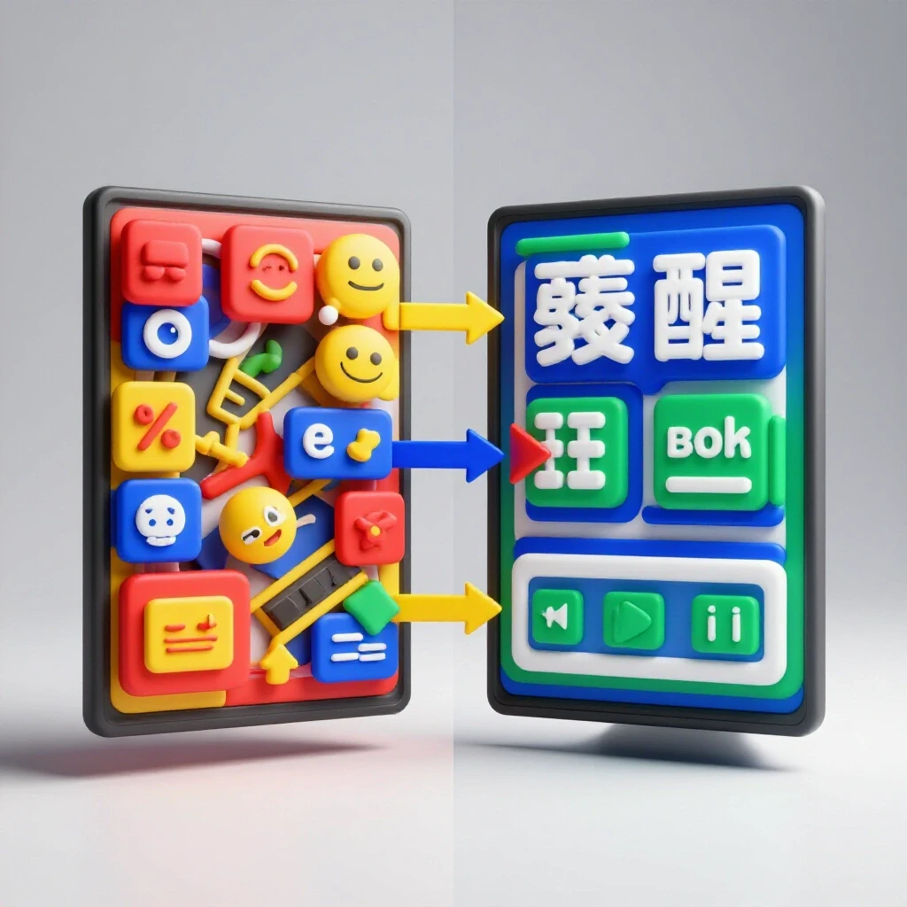 A visual comparison of two ad designs highlighting a cluttered version versus a streamlined version, with arrows indicating improvement.