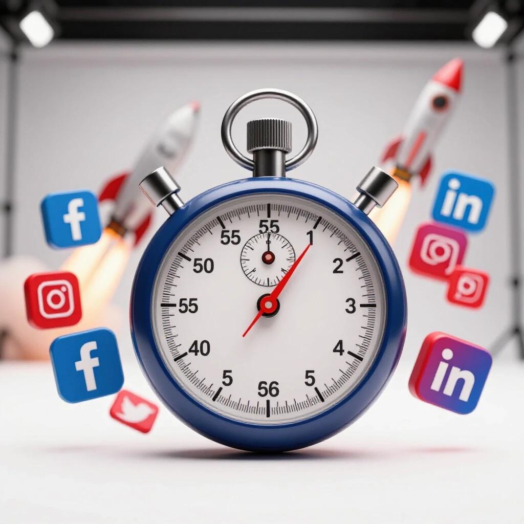 A stopwatch and social media icons against a blurred rocket launch, symbolizing urgency in campaign launches.