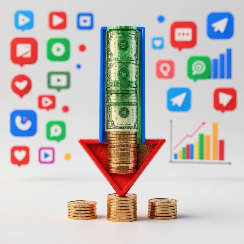 A dynamic 3D scene of a downward arrow made of coins against a vibrant background of social media icons and growth graphs.