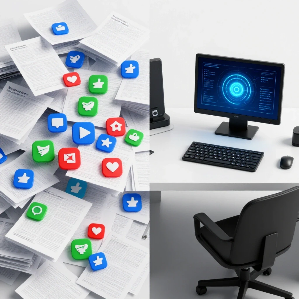 A visual representation showing a chaotic desk transitioning into an organized workspace with a glowing automation tool.