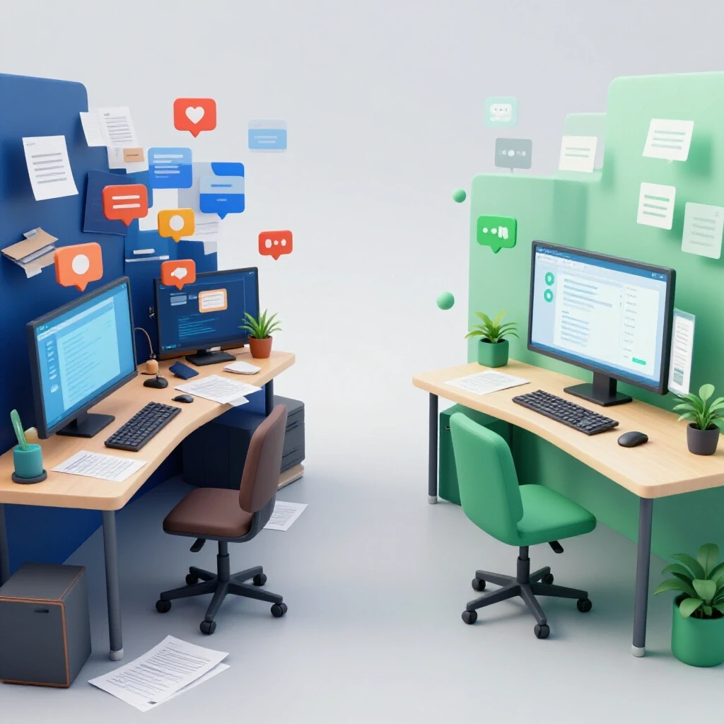 Visual contrasting a chaotic digital workspace filled with notifications and an organized workspace with streamlined tools, symbolizing improved communication.