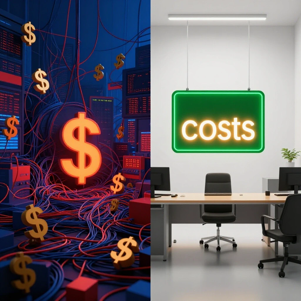 A split scene showcasing chaotic ad management on one side and an organized ad cost reduction space on the other, highlighting transformation.