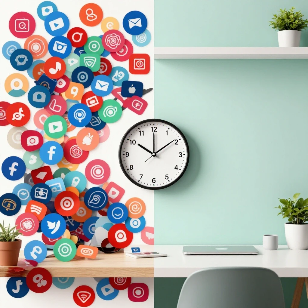 A split image showing a chaotic social media workspace filled with colorful icons and a serene organized workspace with a clock indicating time saved.