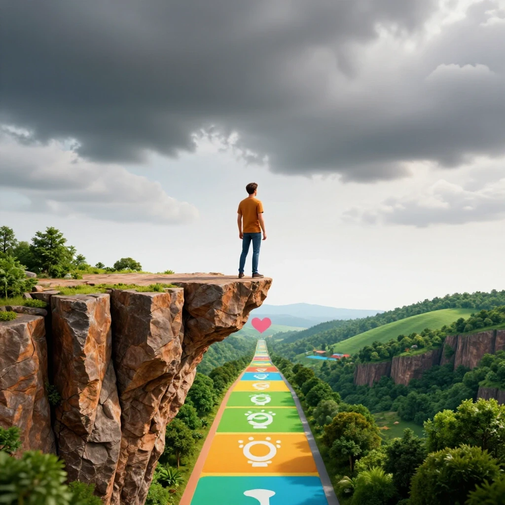 A symbolic representation showing a person on a cliff with colorful pathways leading to vibrant landscapes below, illustrating engagement strategies.
