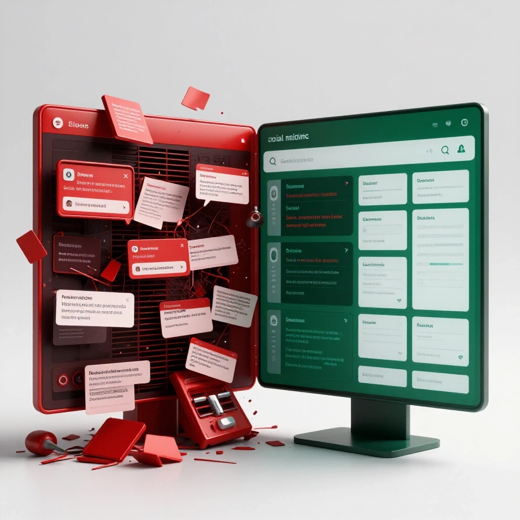 A split scene showing a chaotic social media dashboard on the left and a sleek organized interface on the right, illustrating clarity.