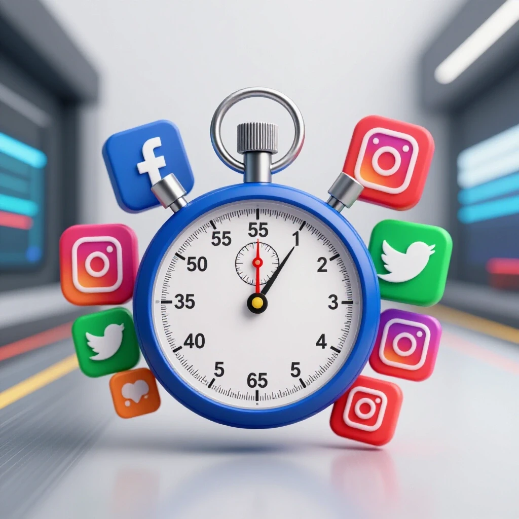 A dynamic composition of a rapidly spinning stopwatch intertwined with social media icons against a digital launch pad background.