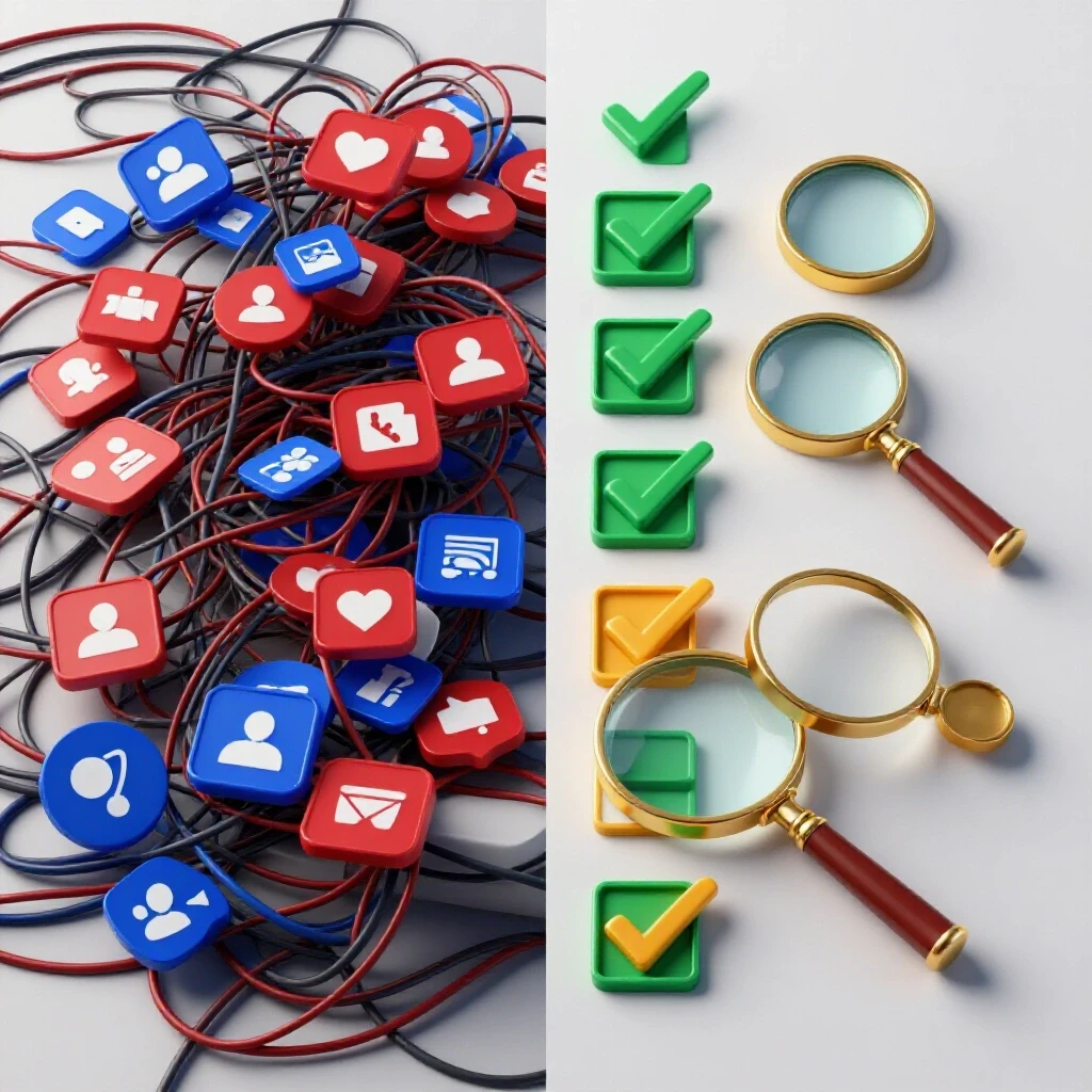 A split-screen image showing a chaotic social media workspace on one side and a clean, organized desk with quality check tools on the other, highlighting efficiency.