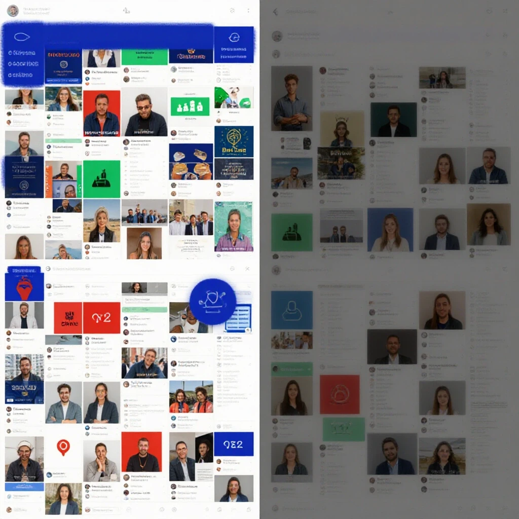 A split-screen depicting a vibrant social media feed on one side and a dull feed on the other, highlighting user engagement contrast.
