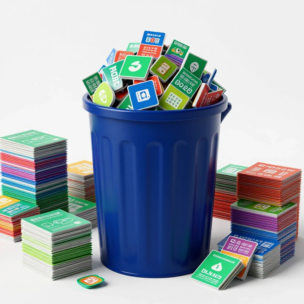 A chaotic overflowing trash bin filled with colorful ad campaign icons, contrasting with neatly stacked vibrant ads in a clean environment.