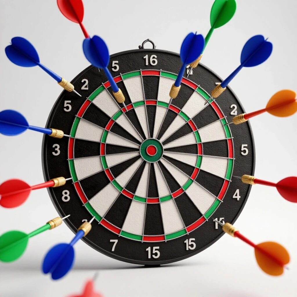 3D-rendered dartboard with darts hitting the bullseye surrounded by scattered darts representing targeting strategies.