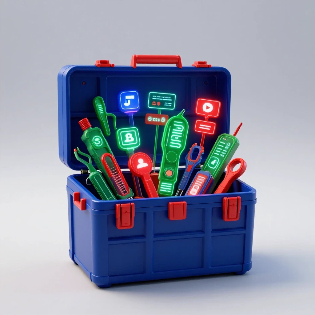 A futuristic toolbox overflowing with glowing digital tools, symbolizing social media platforms, against a vibrant background.