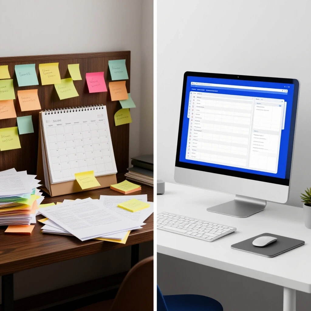 A split-screen image showing a chaotic desk on one side and an organized workspace with a digital scheduler on the other, illustrating efficiency versus disarray.